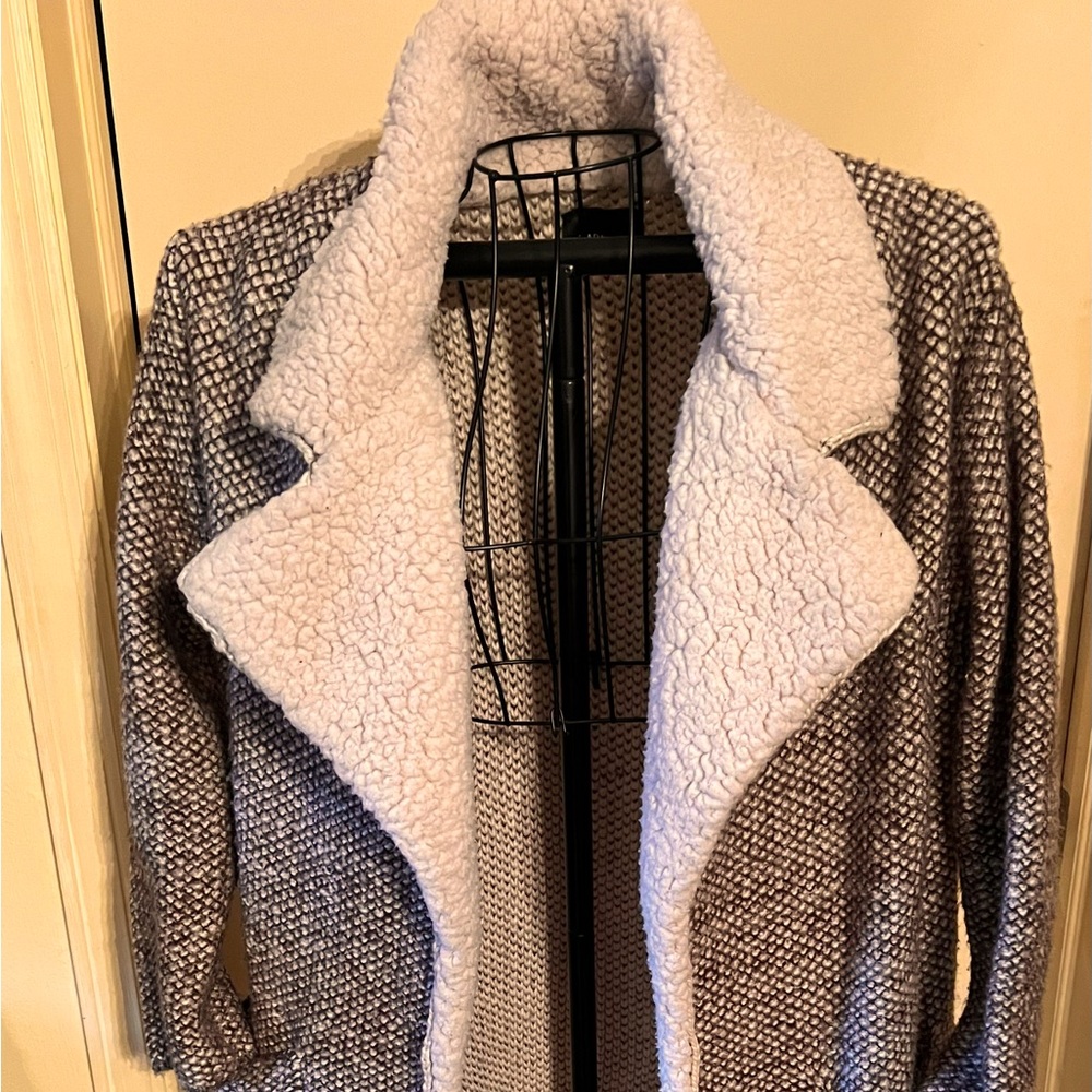 Zara Knit Sherpa Collar Open Front Jacket - cardigan (Brown/Cream) size M